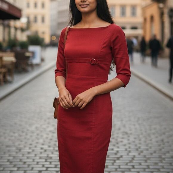 ZARA Red Dress Women M Empire Waist w Belt Buckle On Off Shoulder 3/4 Sleeve - Picture 1 of 13